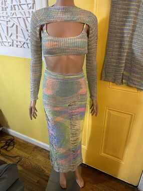 Soft Pastel Multicolor Crochet Knit 3-Piece Set — Cropped Top & Maxi Skirt sm/m
